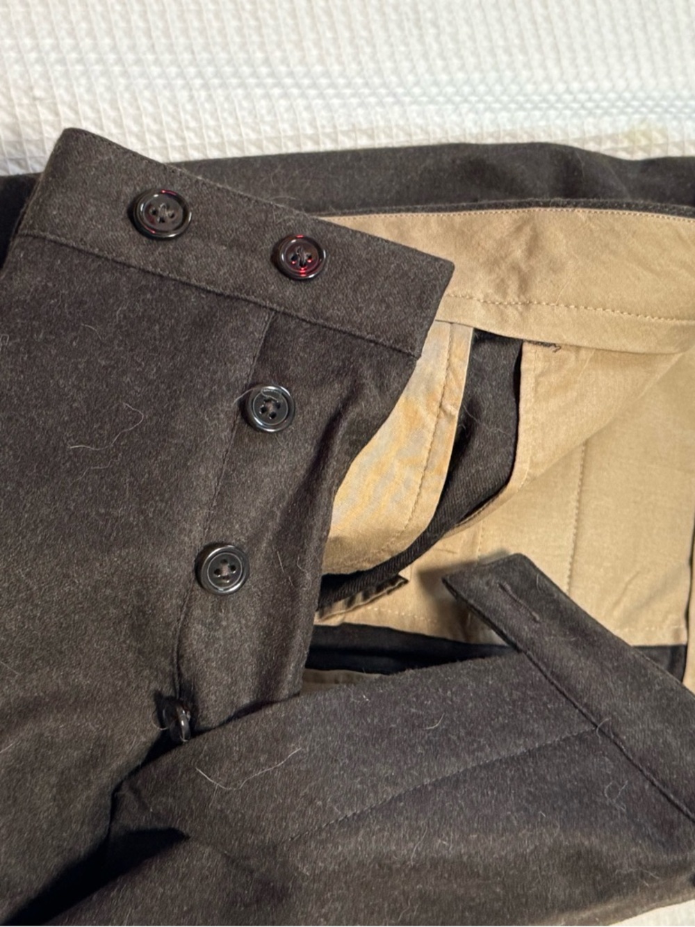 Brown club Monaco button fly  Wool Button-Front Trousers with Khaki Lining